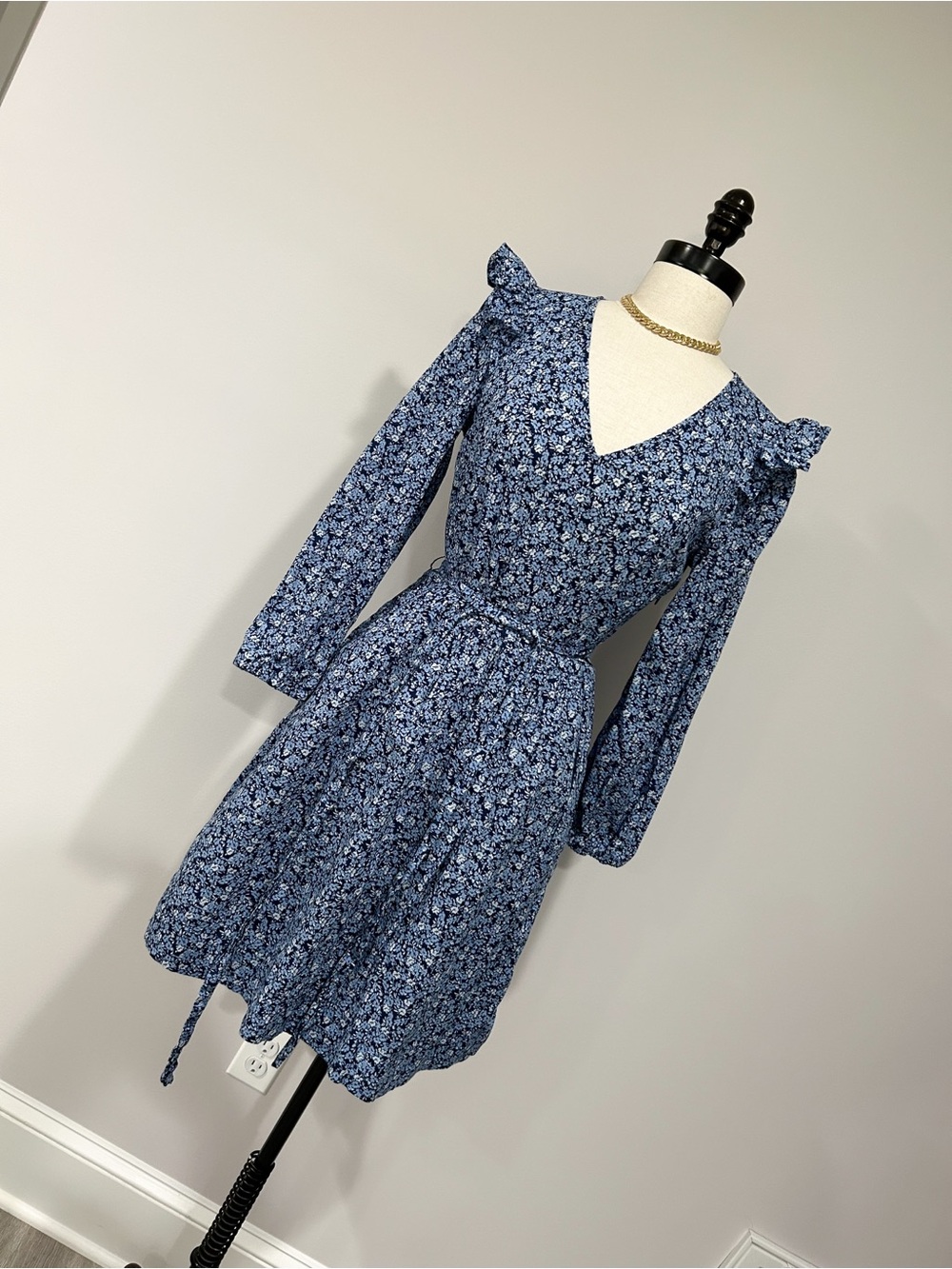 J. Crew Blue Floral Ruffle-Shoulder Long Sleeve Dress